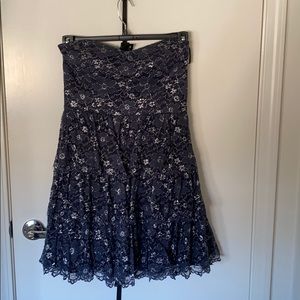 Navy blue strapless floral dress